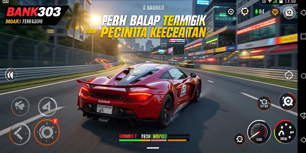 Gameplay seru BANK303 dengan mobil balap di trek.